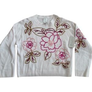 Joie 100% Cashmere Sweater Ivory w Embroidered Flowers Crew Neck Woman’s Size L